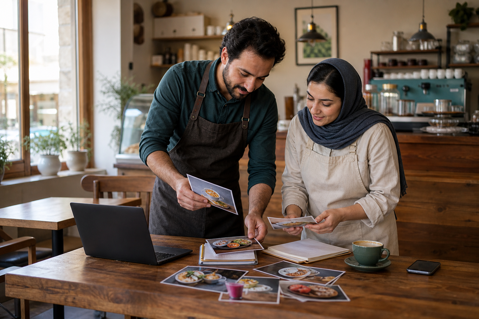 صاحب کافه و همکارش در حال آمادهکردن تصاویر و اطلاعات اولین منوی دیجیتال