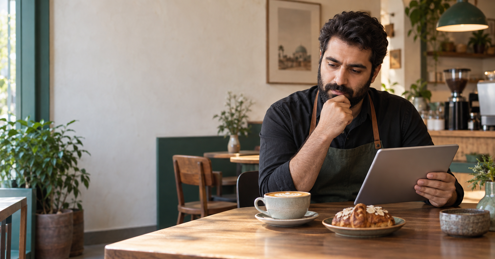 صاحب کافه در حال بازبینی منوی دیجیتال کنار قهوه و شیرینی