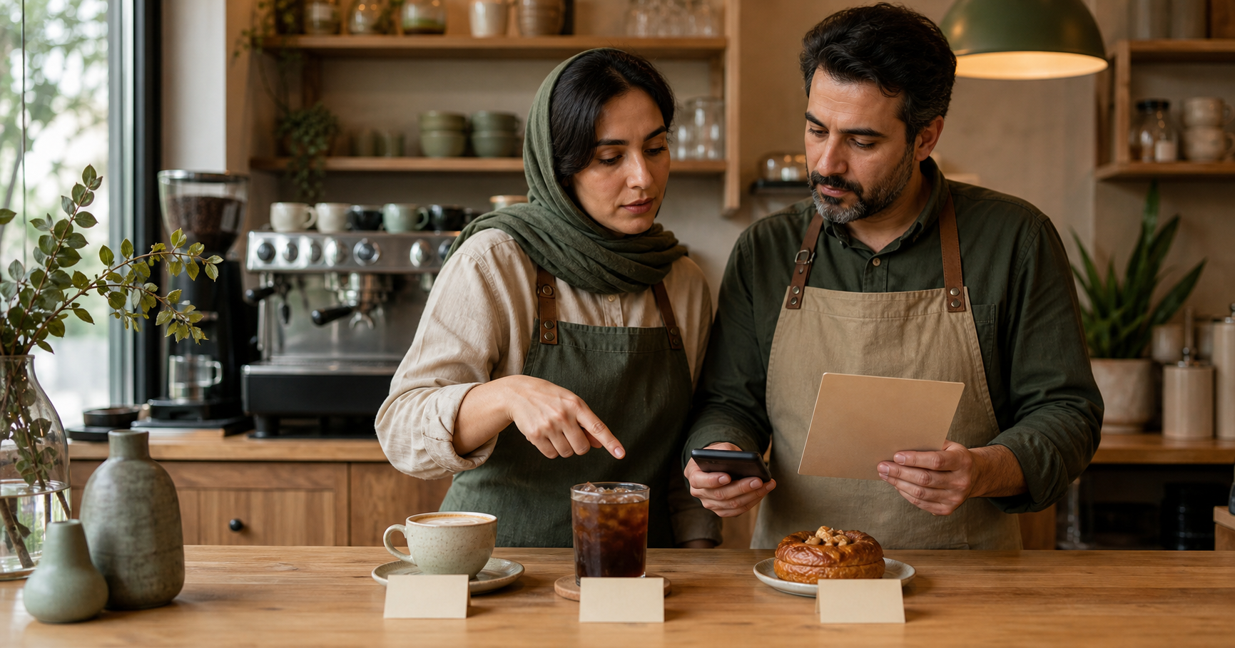 مدیر کافه و باریستا در حال مقایسه چیدمان نوشیدنیها و بررسی قیمت منو