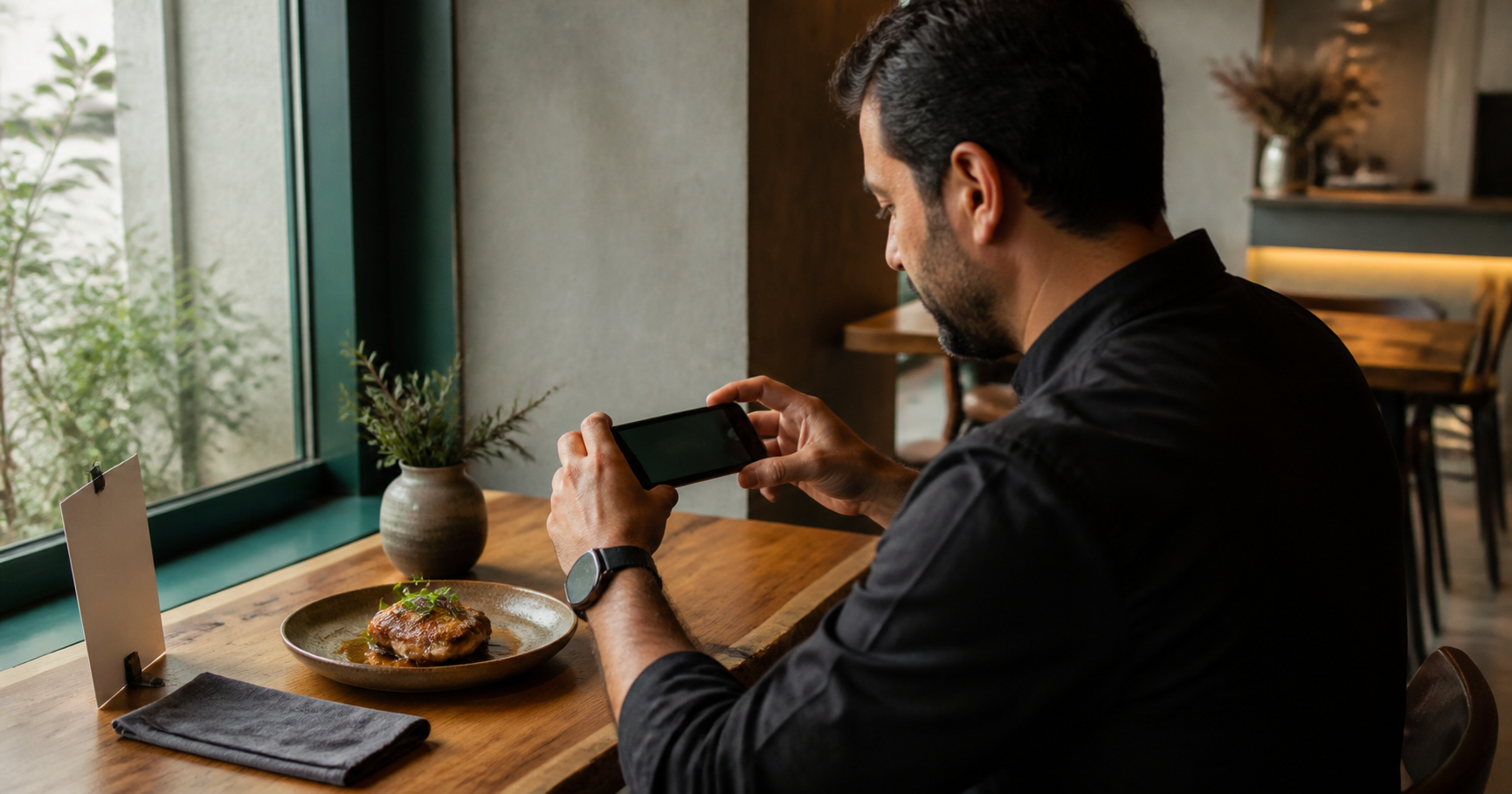 مدیر رستوران در حال عکاسی از یک غذای واقعی برای منوی دیجیتال با موبایل