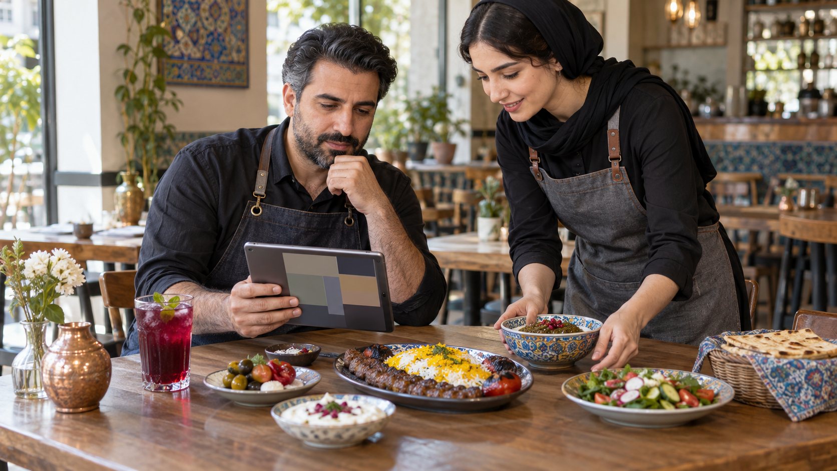 صاحب کافه و همکارش در حال بررسی گروه‌بندی غذاها و نوشیدنی‌ها کنار تبلت