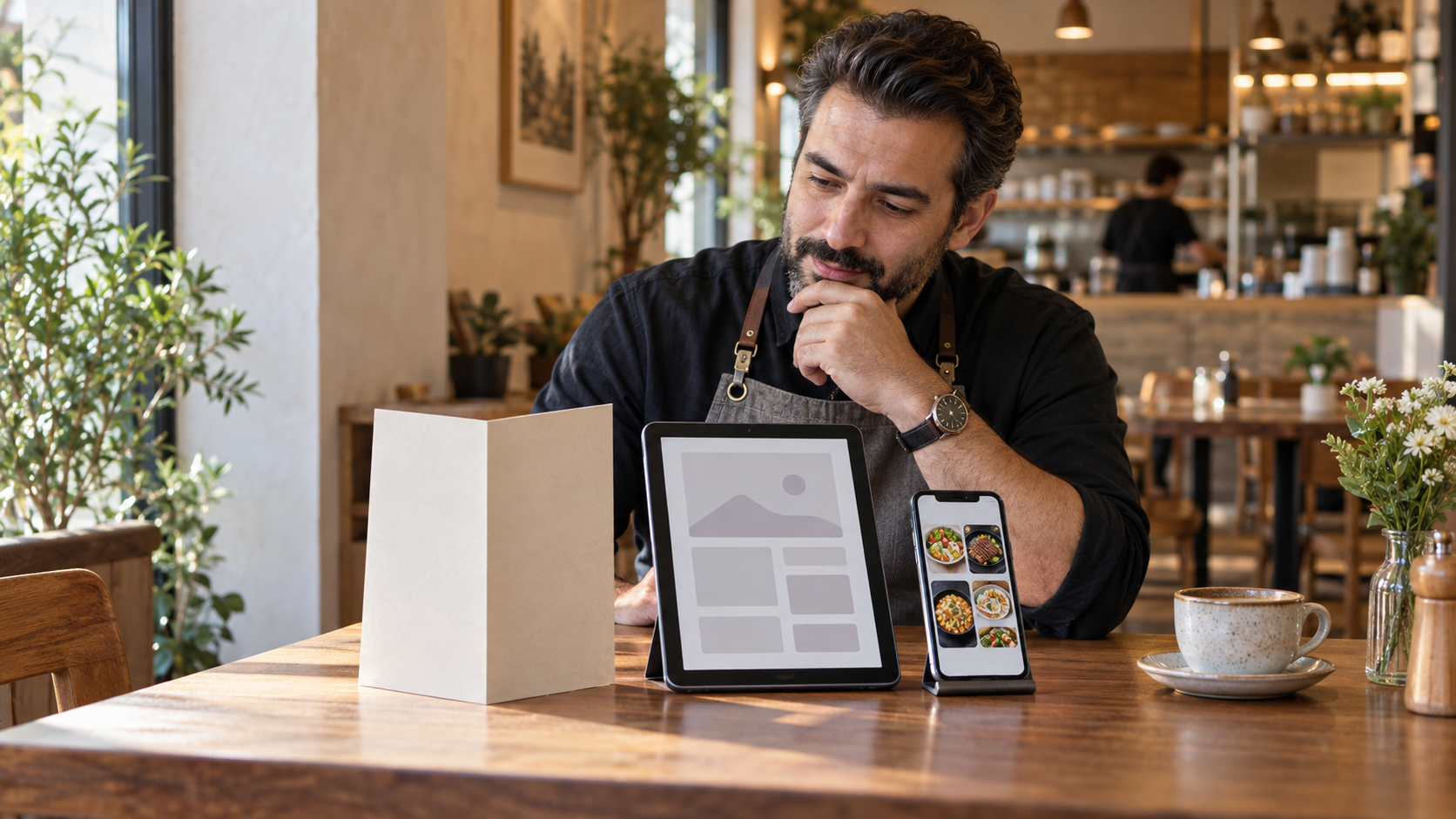 صاحب کافه در حال مقایسه منوی کاغذی و نمایش منو روی تبلت و تلفن همراه
