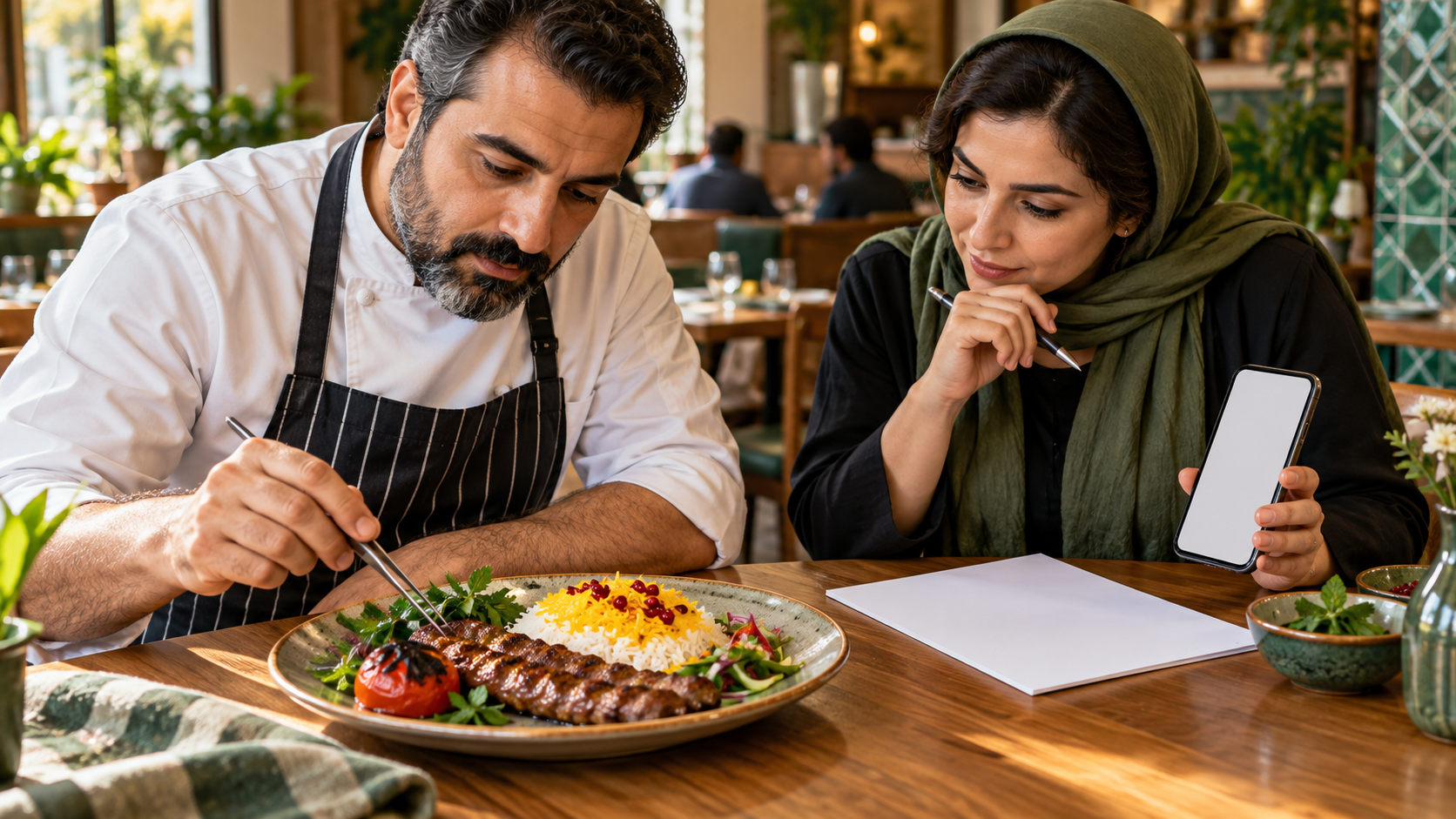 آشپز و صاحب رستوران در حال بررسی مواد و ظاهر یک غذا برای نوشتن توضیح دقیق منو