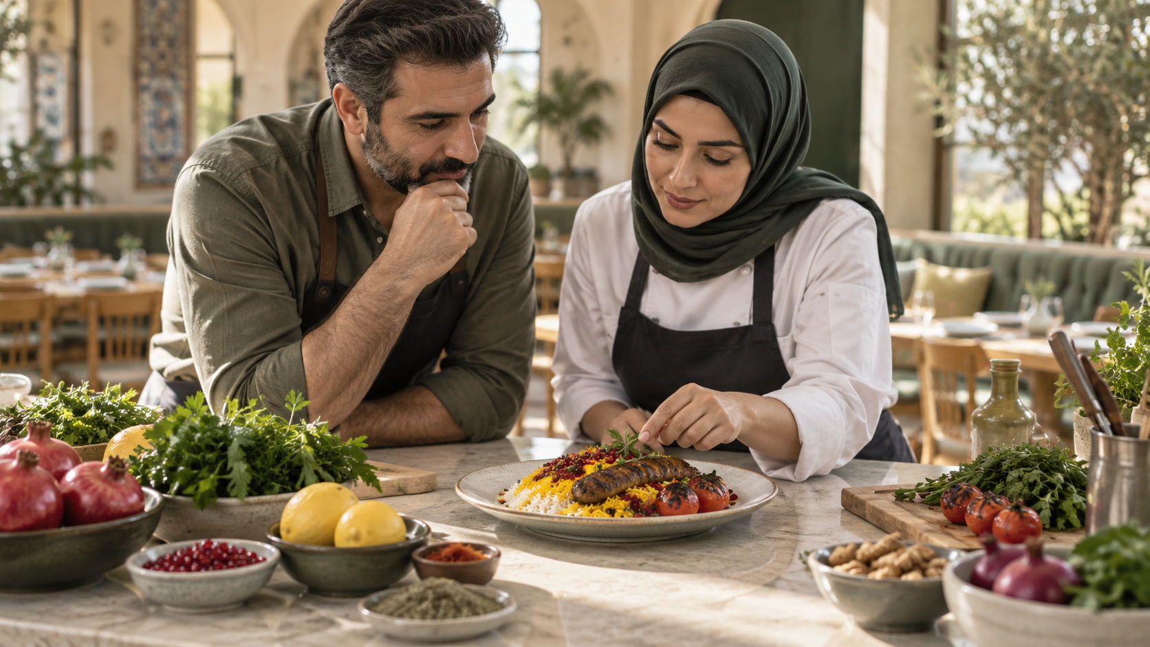 صاحب کافه و سرآشپز در حال بررسی یک غذای آماده و مواد اولیه روی میز کار