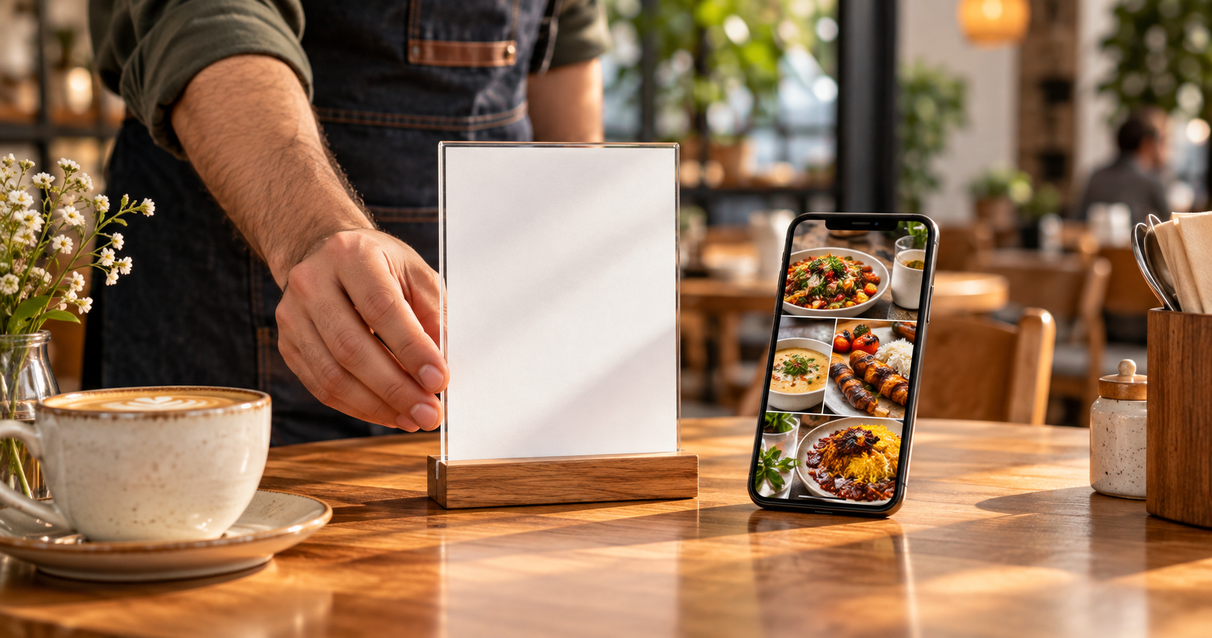 کارت رومیزی خالی کنار تلفن همراه با تصاویر غذا در کافه، برای نمایش جایگاه QR منو