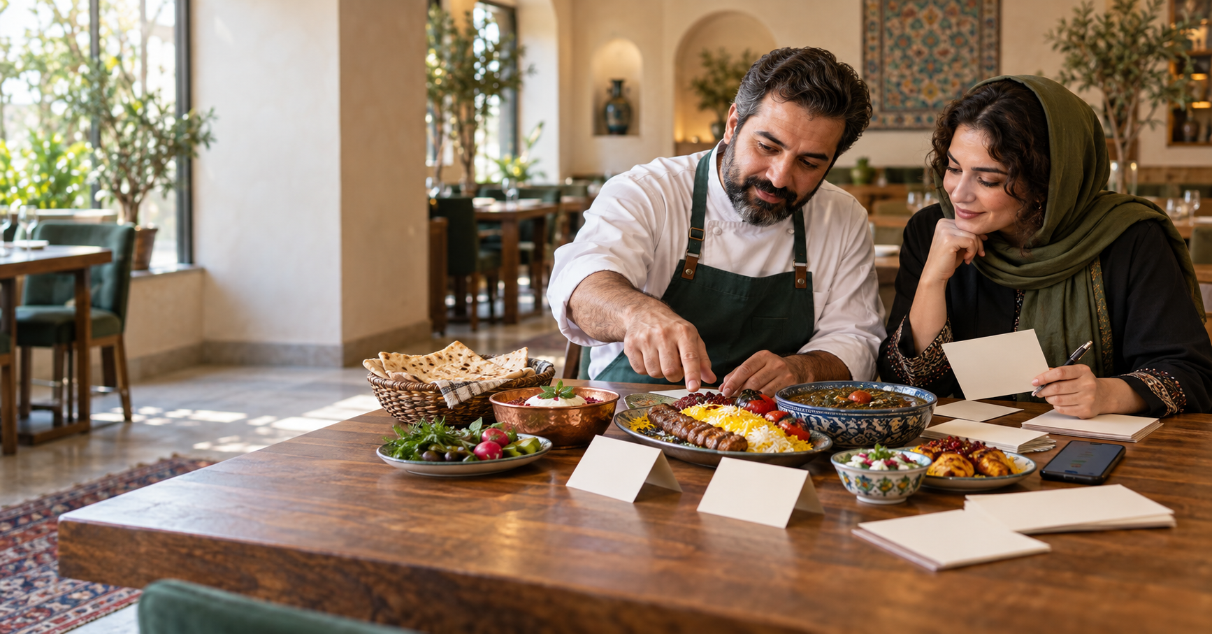 صاحب رستوران و آشپز در حال بررسی غذاها و کارت‌های بدون متن برای آماده‌سازی منوی چندزبانه