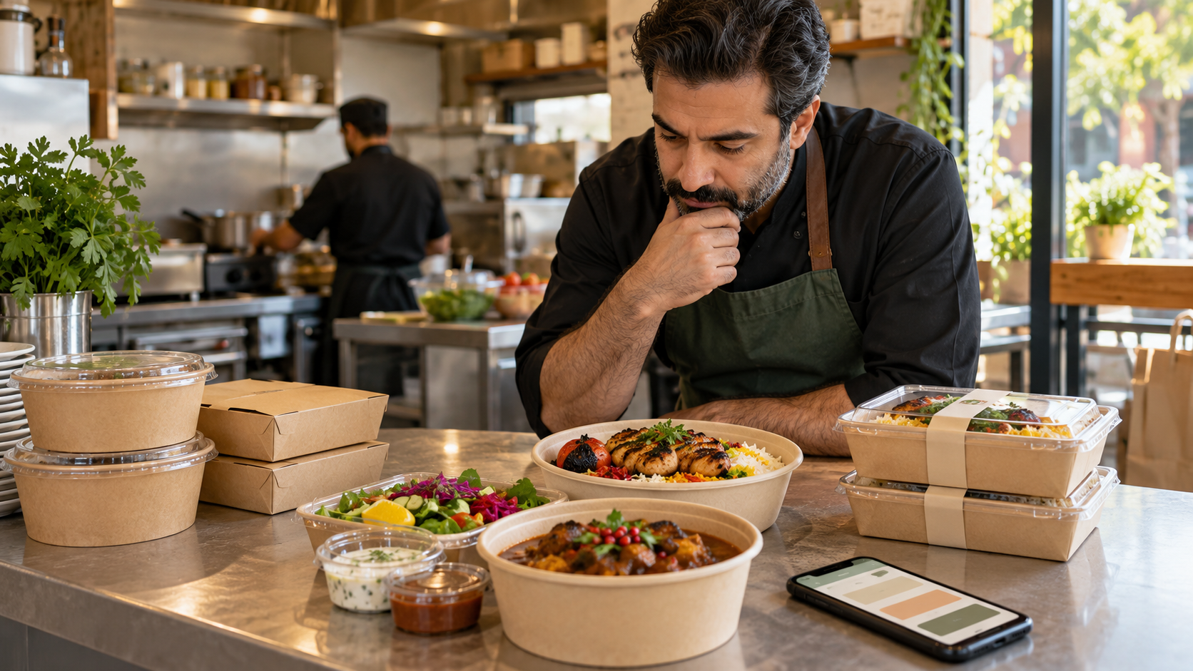 صاحب رستوران در حال بررسی غذاها و بستهبندی مناسب برای منوی بیرونبر